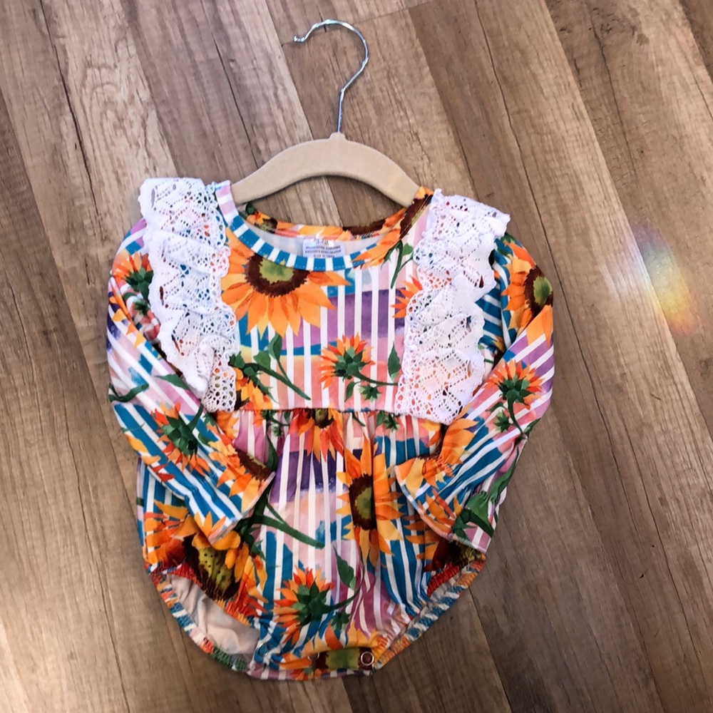 Sunflower Print Onesie with Lace Detail